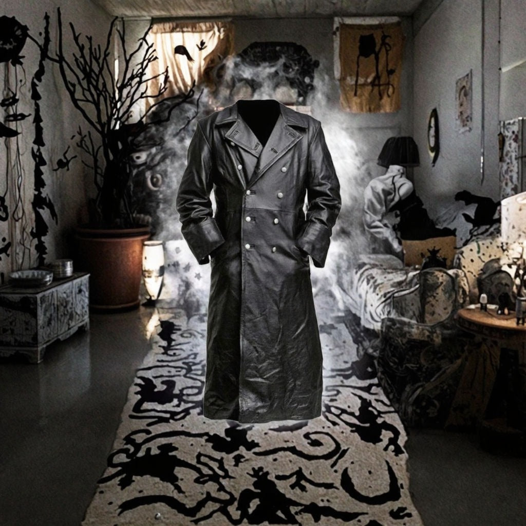 Vintage German Officer Black Leather Trench Coat Steampunk Gothic Long Halloween Costume | ZM100
