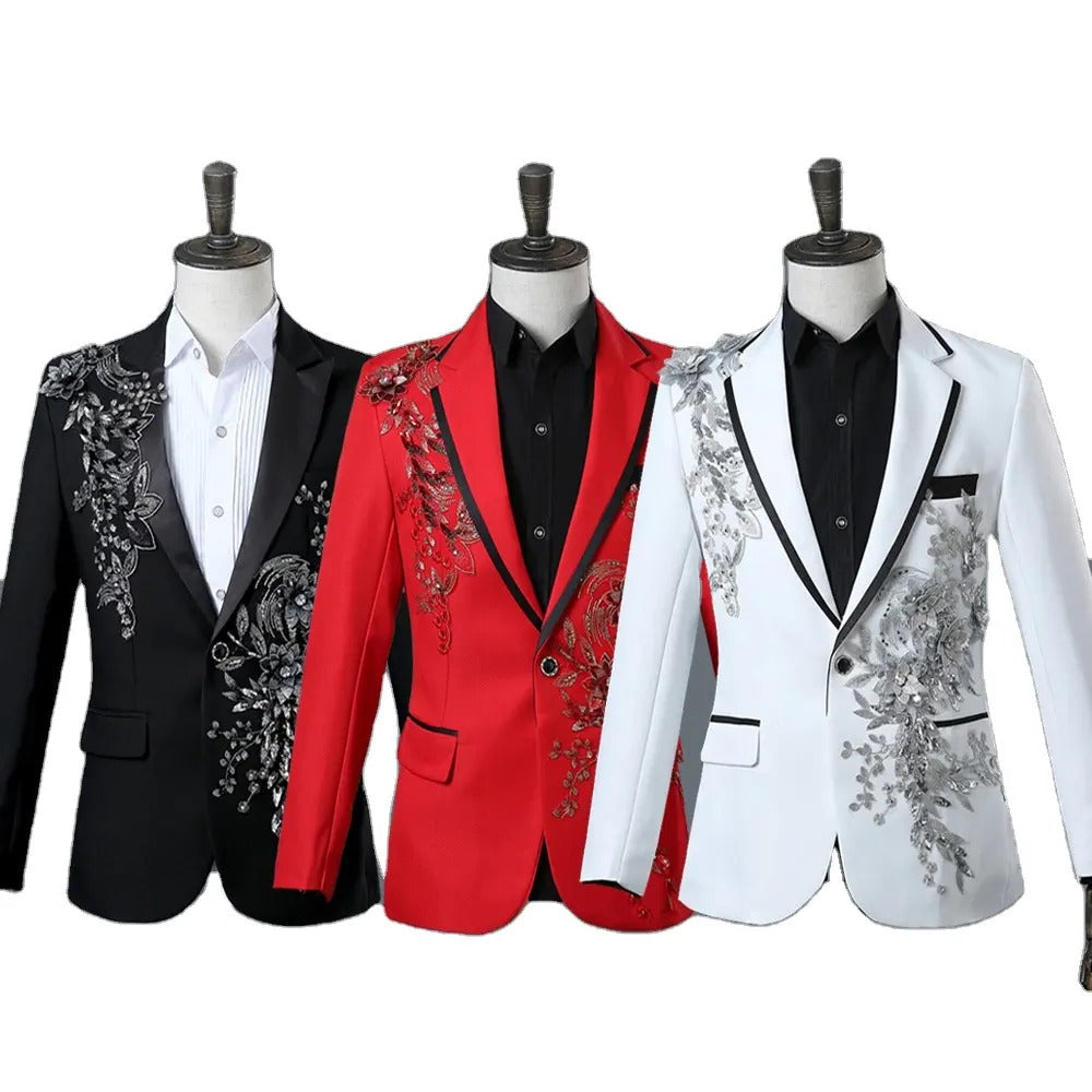 Herrenanzug, 2-teilig, formell, bestickt, elegant, mit blinkenden Pailletten, Kristallen, Blazer, Mantel, Abschlussball, Party, Smoking, Kostüm, Hochzeitsoutfit 