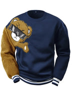 Herren-Sweatshirt mit Cartoon-Bär-Stickerei, Rundhalsausschnitt, Übergröße, Polyestergewebe, lebendiges Tiermuster, Oberteil, Freizeitkleidung, Strickstoffhemd