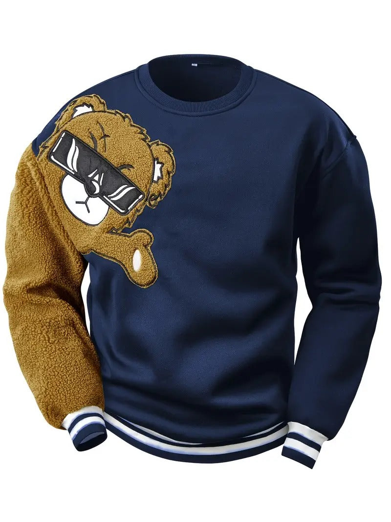 Herren-Sweatshirt mit Cartoon-Bär-Stickerei, Rundhalsausschnitt, Übergröße, Polyestergewebe, lebendiges Tiermuster, Oberteil, Freizeitkleidung, Strickstoffhemd