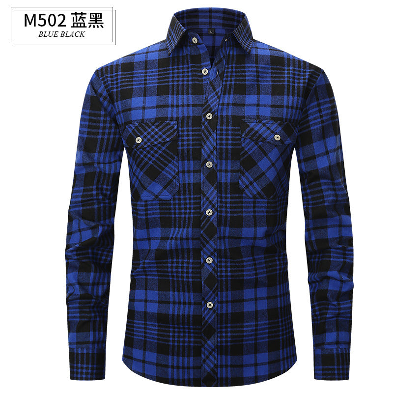 Men Slim Wear Plaid Premium Long Sleeve Double Pocket Flannel Foreign Trade Shirt | M501