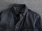 Herren Retro Heavy Distressed Denim Shirt Slim Fit Gestreiftes Langarmhemd | 8833 