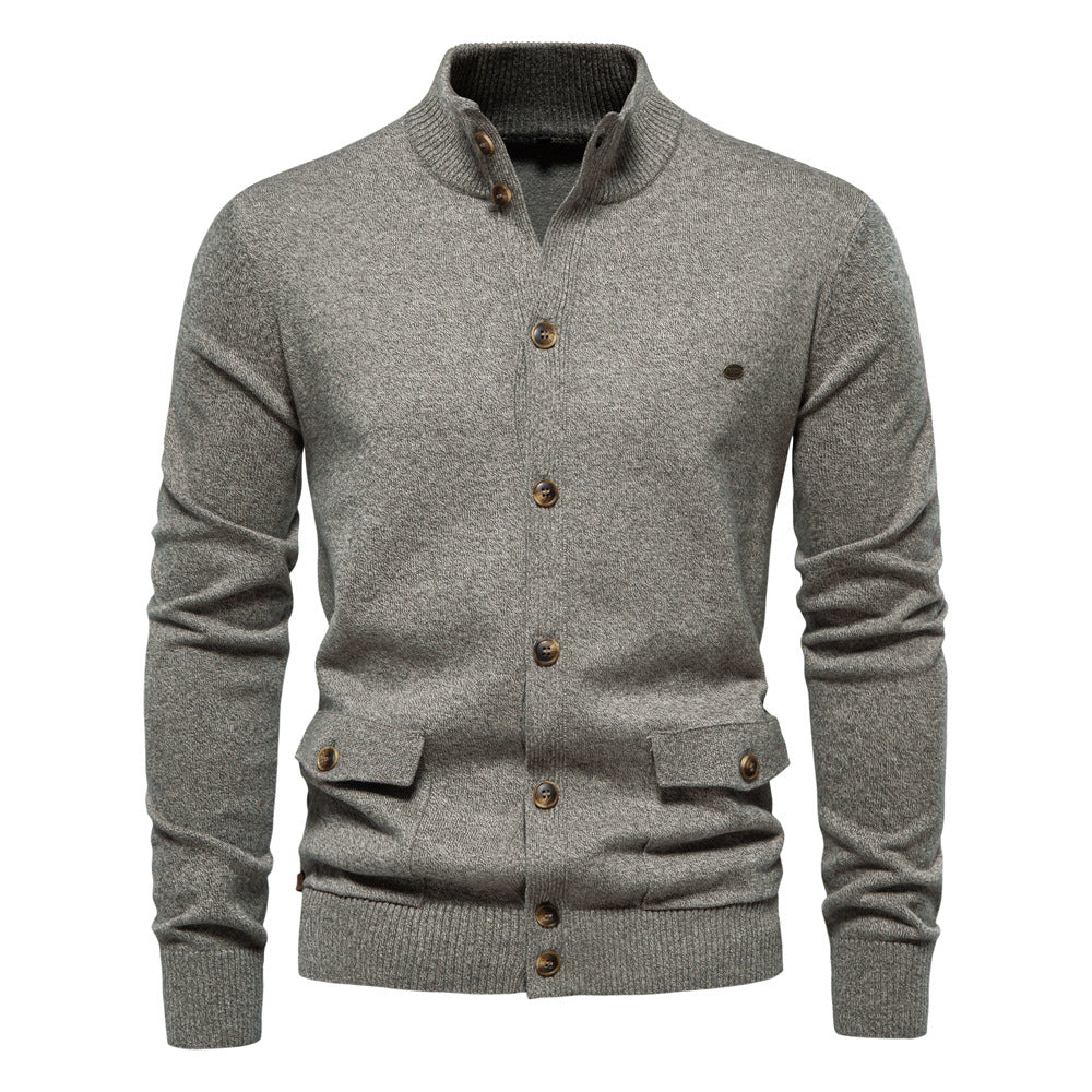 Herren-Strickjacke aus Baumwolle mit Zopfmuster, Taschen, Stehkragen, Button-Down-Pullover | CW61 