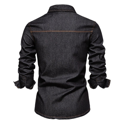 Herren-Jeanshemd mit verwaschenem Muster – Langarm, 100 % Baumwolle, lässiges Button-Up-Oberteil | 6025 