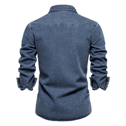 Herren-Jeanshemd aus gewaschener Baumwolle im Euro-Fit – Langarm, einfarbig, lässig, zum Zuknöpfen | 6028 
