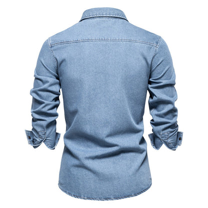 Herren-Jeanshemd aus gewaschener Baumwolle im Euro-Fit – Langarm, einfarbig, lässig, zum Zuknöpfen | 6028 