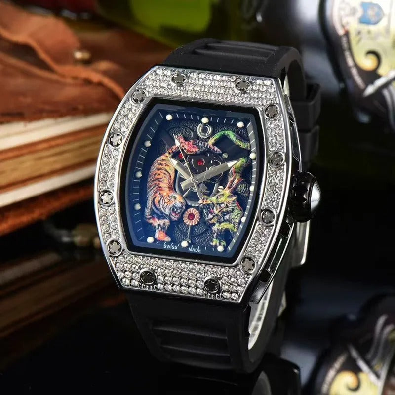 Herren Top RM Luxusuhr Leuchtendes Drachentiger Diamantmuster Automatische Gummiuhr | 9924LH 