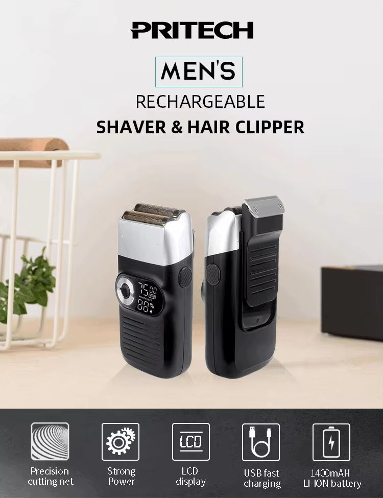 PRITECH 2-in-1 Elektrischer Haarschneider LCD-Display USB wiederaufladbar Wasserdichter Glatzenrasierer für Männer | RSM-1699 
