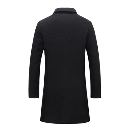 Men Woolen Jacket Solid Color Single-Breasted Lapel Long Coat Business Overcoat | D67