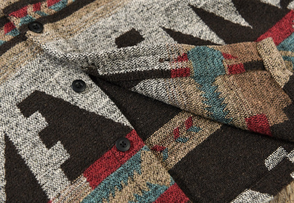 Herren Vintage Loose Fit Ethnic Aztec Geometric Print Shirt Top Pocket Woolen Shacket Plus Size Jacke | SYG-2580 