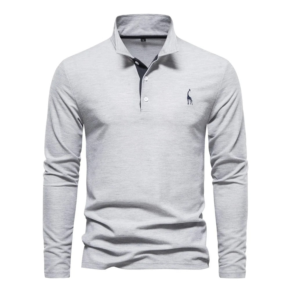 Herren Poloshirt aus Baumwolle, modisch, lässig, langärmelig, mit Hirsch-Stickerei-Design, T-Shirt für Männer | T12 