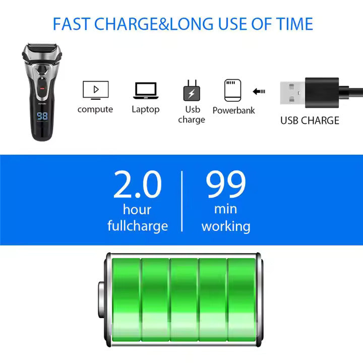 Dreifachklingen-Elektrorasierer für Herren, LCD-Display, IPX6, wasserdicht, wiederaufladbarer USB-Trimmer | RSM-1577 