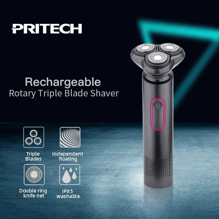 PRITECH IPX5 Wasserdichter, über USB wiederaufladbarer, kabelloser Elektrorasierer mit drei Klingen, tragbar und effizient | RSM-2888 