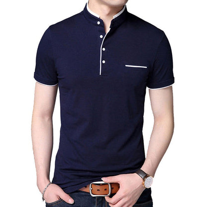 Maglietta estiva da uomo con colletto alto e maniche corte, slim casual | 029/6803 