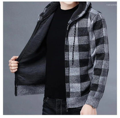 Manteau d'hiver décontracté à capuche pour hommes, tricot, vêtements d'extérieur, pull à carreaux, cardigan à fermeture éclair complète, vestes 