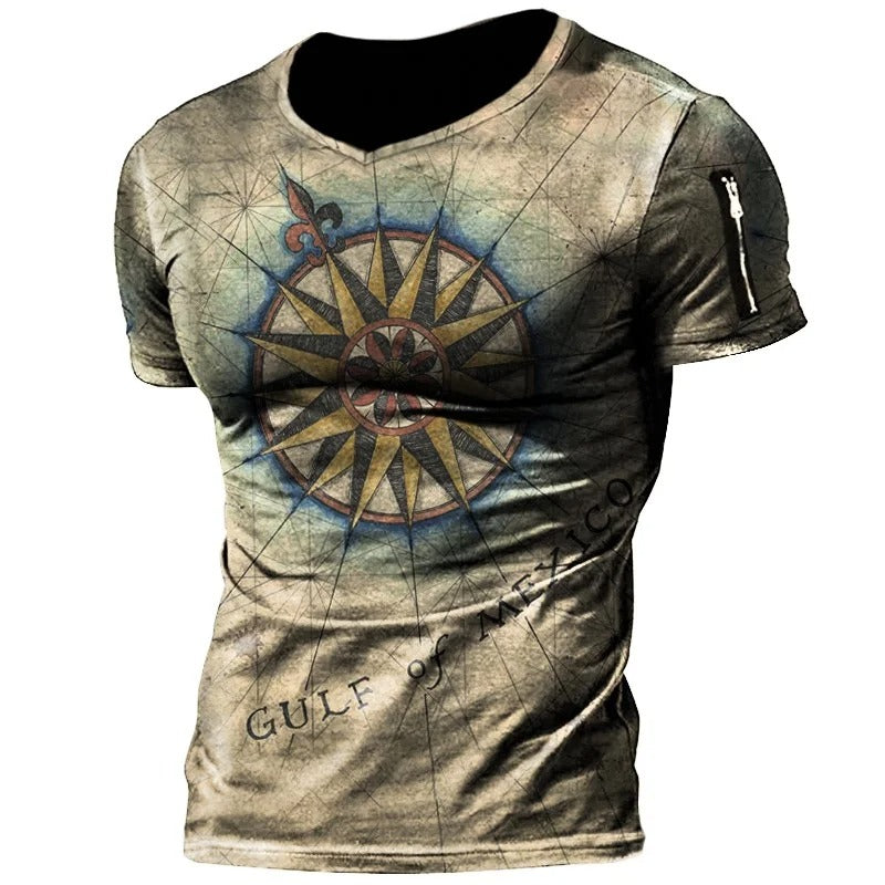 Herren T-Shirt Sommer Tops Kompass Bedruckt Kurzarm T-Shirts Freizeithemd 
