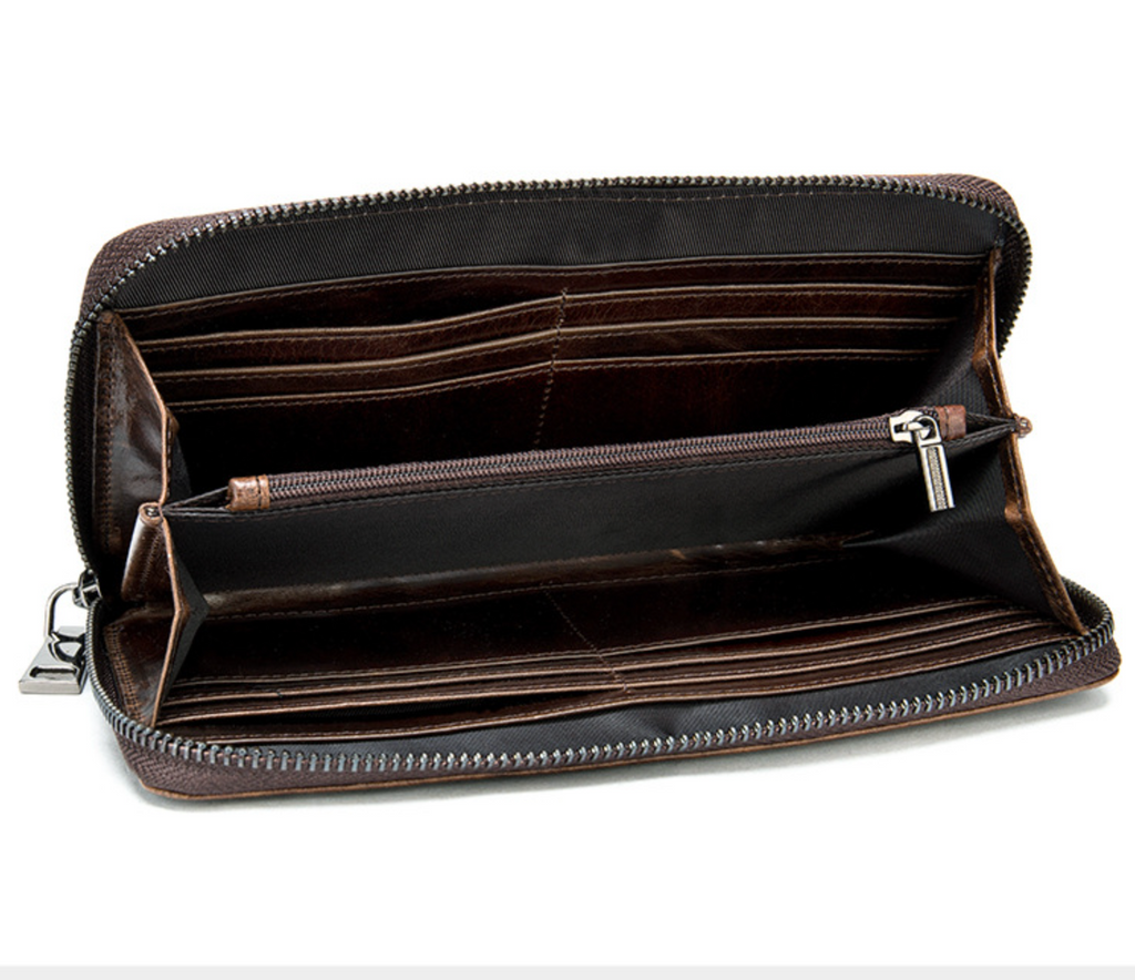 Herren-Geldbörse aus echtem Rindsleder, großes Fassungsvermögen, mit Ausweisfenster, Kartenfach, Handy-Reißverschluss und Münzfach | 1232 