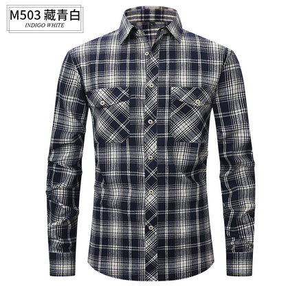 Men Slim Wear Plaid Premium Long Sleeve Double Pocket Flannel Foreign Trade Shirt | M501