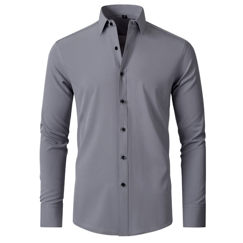 Camicia da uomo elasticizzata casual da lavoro a maniche lunghe, tinta unita, slim, non stirabile, elasticizzata 