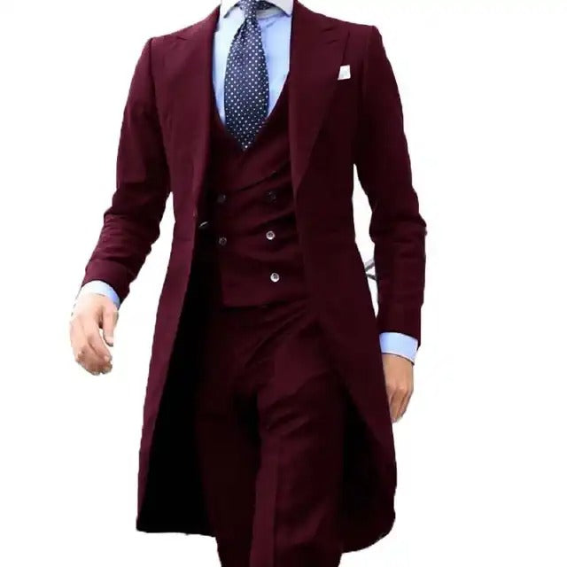 3-teiliger Herrenanzug, Smoking, langer Blazer, maßgeschneidert, handgefertigt, 3-teilig, Party-, Hochzeits- und Arbeitskleid (Blazer + Weste + Hose) | 102 