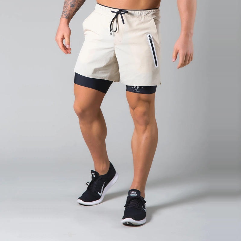 Herren Doppellagige Shorts mit Reißverschlusstasche zum Trainieren, Laufen, Fitnessstudio, Sportfutter | DK-03 