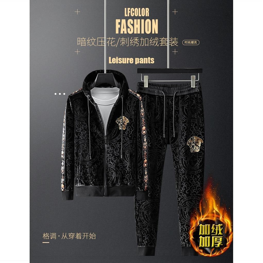 Hochwertiger, warmer, vielseitiger 2-teiliger Sportanzug mit Kapuze aus Samtstoff | 2091 