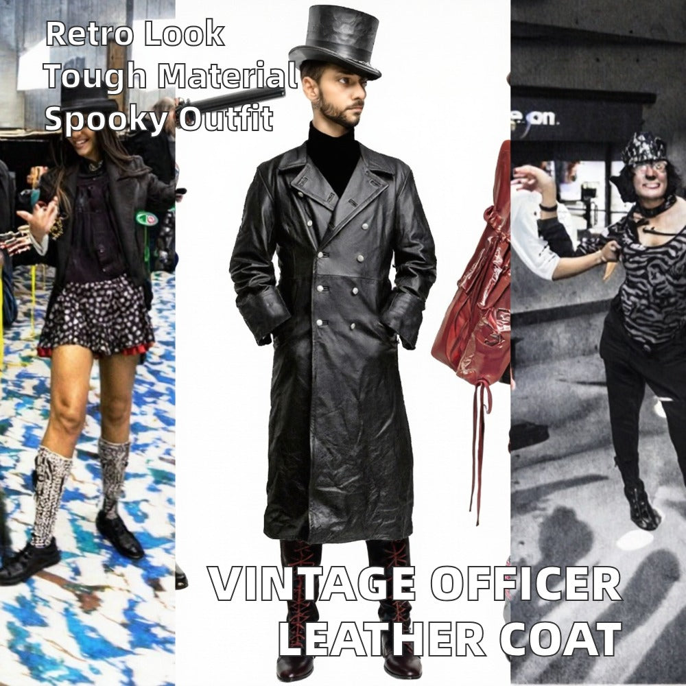 Vintage German Officer Black Leather Trench Coat Steampunk Gothic Long Halloween Costume | ZM100