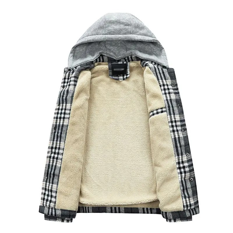 Hochwertige Winterjacke für Herren, karierte Wolle, schweres Übergrößenhemd, karierter Kapuzenmantel, Oversize-Oberteil | 88027 
