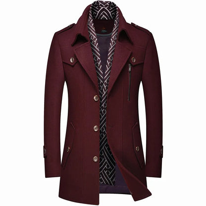 Men's Thickened Wool Windbreaker Coat Scarf Collar Medium-Long Jacket for Winter Warmth | 1906