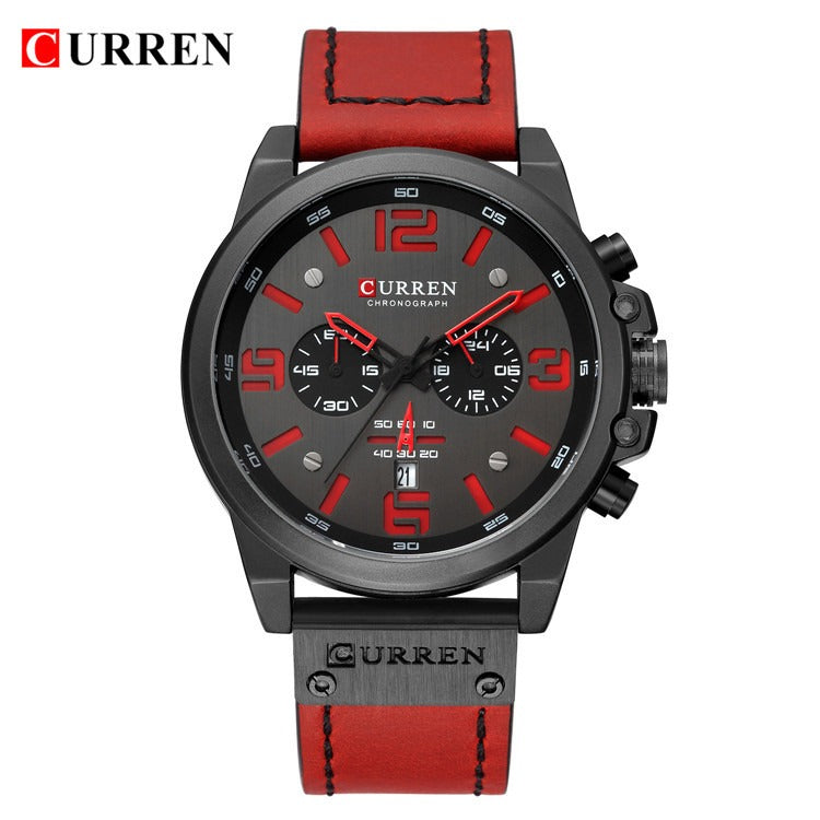 Herren Lederuhr Chronograph Armbanduhr Business Quarz Kalender Militäruhr | 8314 