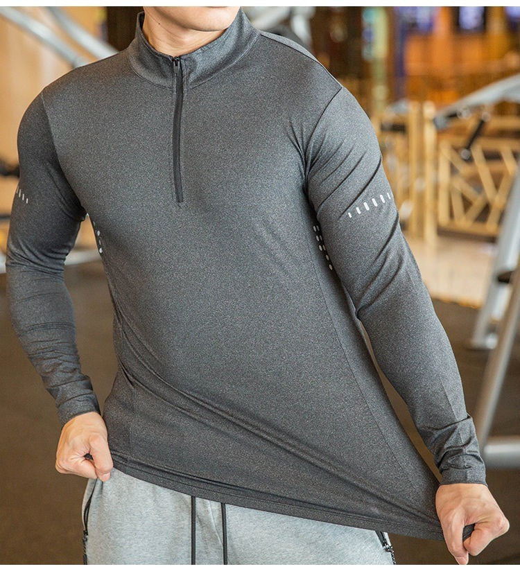 Schnelltrocknendes Herren-Lauf-T-Shirt, atmungsaktiv, langärmelig, für Fitnessstudio, Fitness, Sport, Radfahren, Reißverschluss-Shirt | P37 
