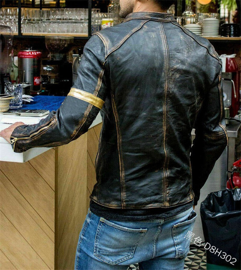 Giacca da motociclista in pelle casual con cerniera e colletto alto vintage da uomo | D8H302 