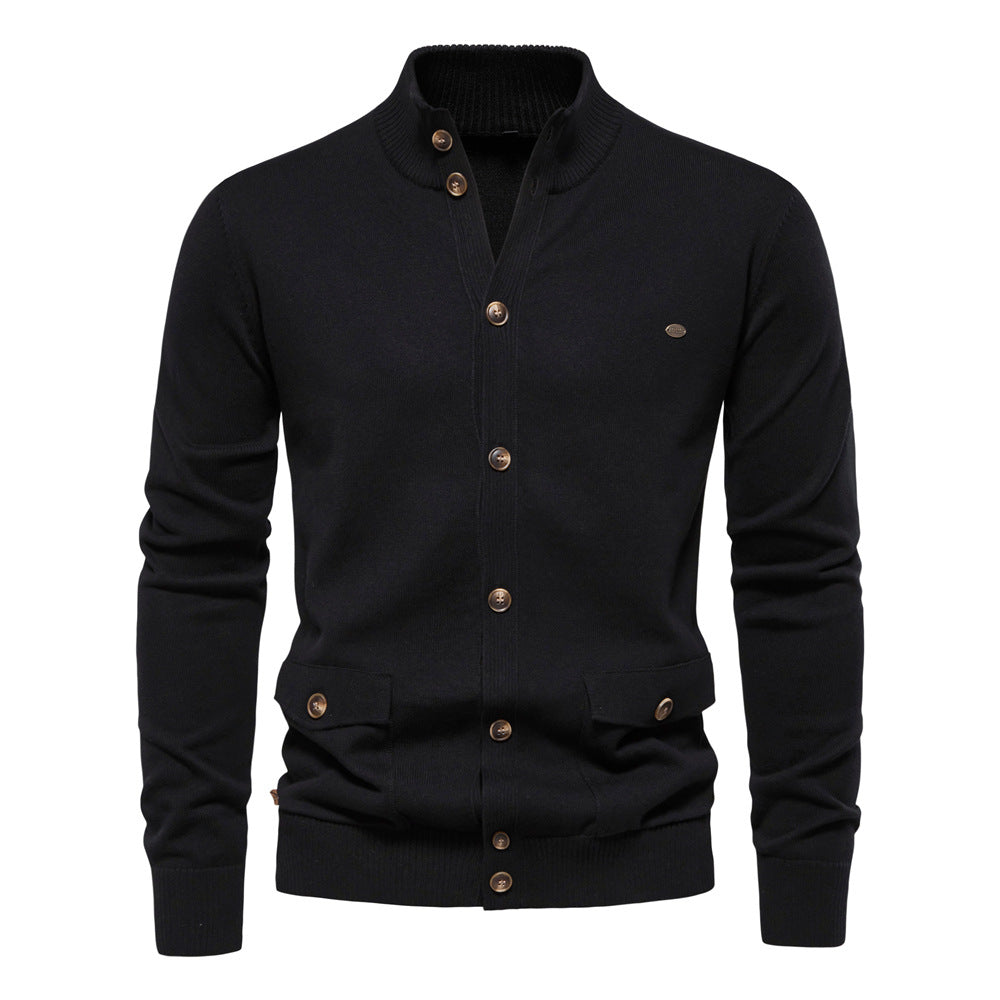 Herren-Strickjacke aus Baumwolle mit Zopfmuster, Taschen, Stehkragen, Button-Down-Pullover | CW61 