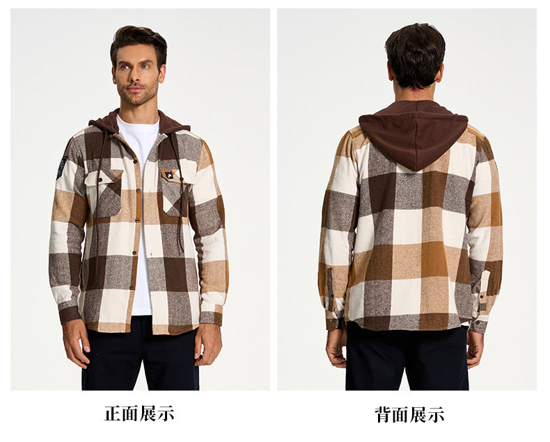 Dickes kariertes Flanellhemd mit Kapuze für Herren im europäischen und amerikanischen Stil, warm und locker geschnitten | S02 