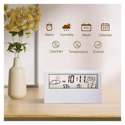 Moderne transparente LED-Digitaluhr – Temperatur und Luftfeuchtigkeit, Wettersymbole, Heim- und Bürodekor | 2158 