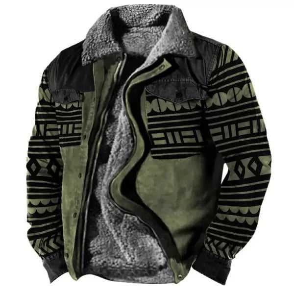 Men's Plus Size Fleece Sherpa Vintage Jacket Aztec Style Zip & Button Up Thick Winter Tactical Lapel Collar Cargo Coat