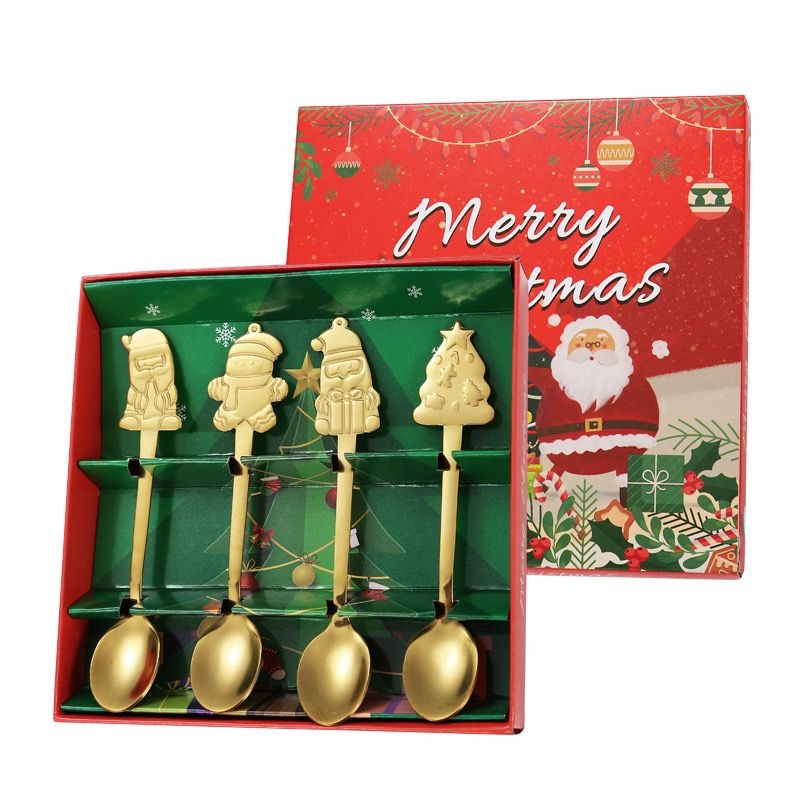 4PCS Christmas Stainless Steel Coffee & Dessert Spoons - Festive Tableware & Gift Set |