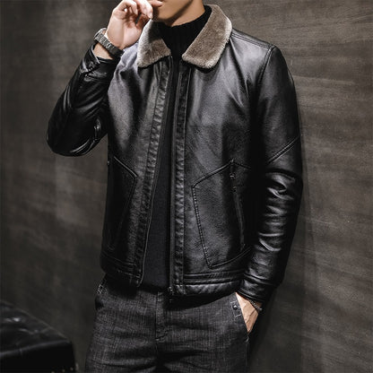 Men's PU Leather Jacket Coats High Quality Business Fur Collar Leather Bomber Warm Jacket | 2053