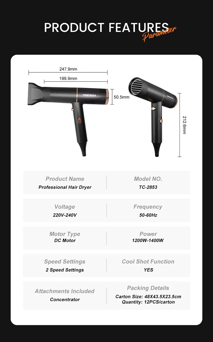 Professioneller Haartrockner mit 1200–1400 W, zweistufigem Gleichstrommotor und VDE-Stecker für Styling in Salonqualität | TC-2853 