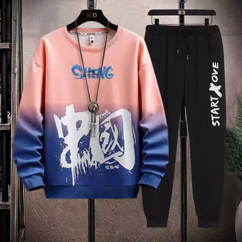 2-teiliges Sweat-Set für Herren, Hose, lässiger Pullover, T-Shirt, Oberbekleidung, locker, All-Match, Farbverlauf, langärmelig, Studentenoberteile | W93 