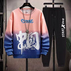 2-teiliges Sweat-Set für Herren, Hose, lässiger Pullover, T-Shirt, Oberbekleidung, locker, All-Match, Farbverlauf, langärmelig, Studentenoberteile | W93 