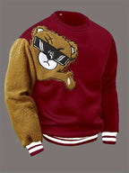 Herren-Sweatshirt mit Cartoon-Bär-Stickerei, Rundhalsausschnitt, Übergröße, Polyestergewebe, lebendiges Tiermuster, Oberteil, Freizeitkleidung, Strickstoffhemd