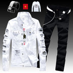 Herren Jeansjacke Jeanshose Buchstaben Druckhose 3-teiliges Set Casual Single Breasted 