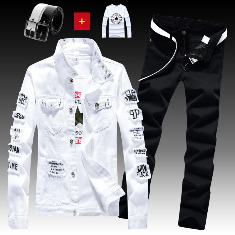 Herren Jeansjacke Jeanshose Buchstaben Druckhose 3-teiliges Set Casual Single Breasted 