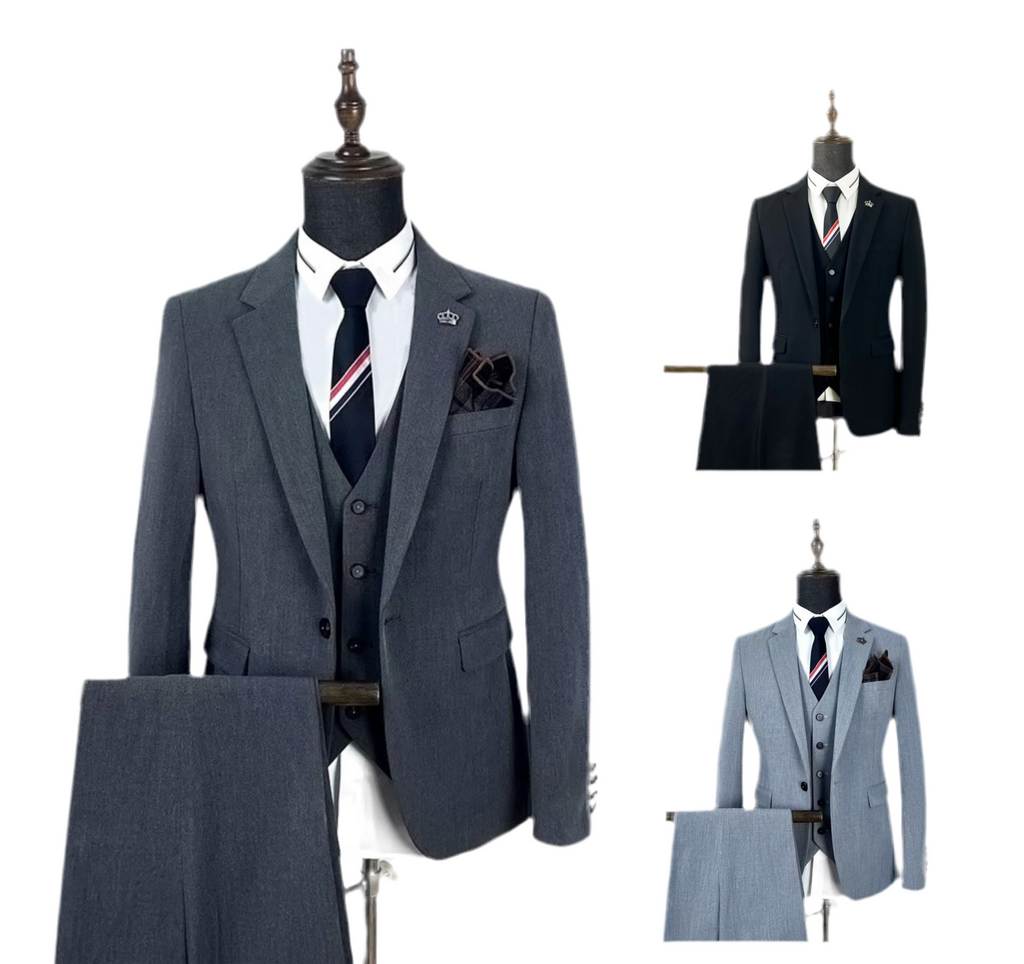 Sharp &amp; Tailored Herren 3-teiliges Slim Fit Einreihiger Anzug Blazer Hochzeit Business Anzughose und Weste Set | HC69 