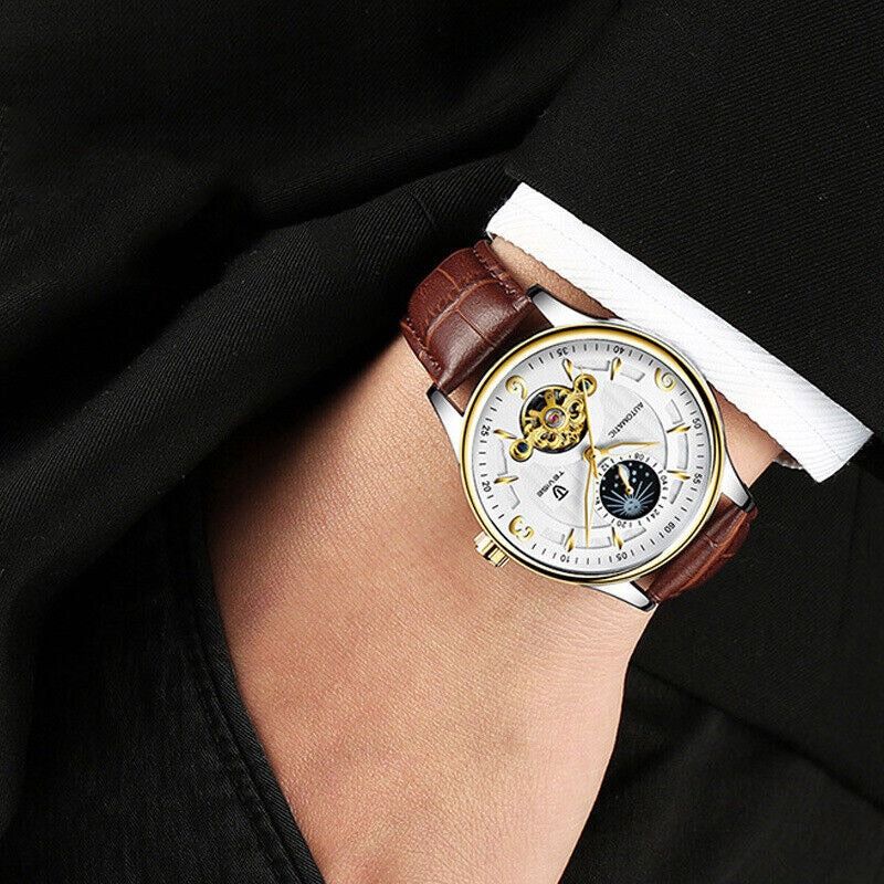 Herren-Automatikuhr aus Leder, mechanisch, Tourbillon, wasserdicht, Freizeituhr | T820b 