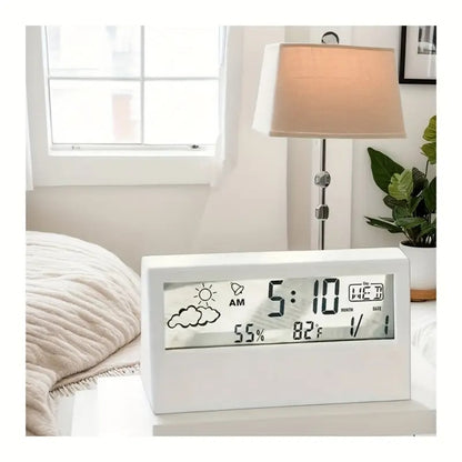 Moderne transparente LED-Digitaluhr – Temperatur und Luftfeuchtigkeit, Wettersymbole, Heim- und Bürodekor | 2158 