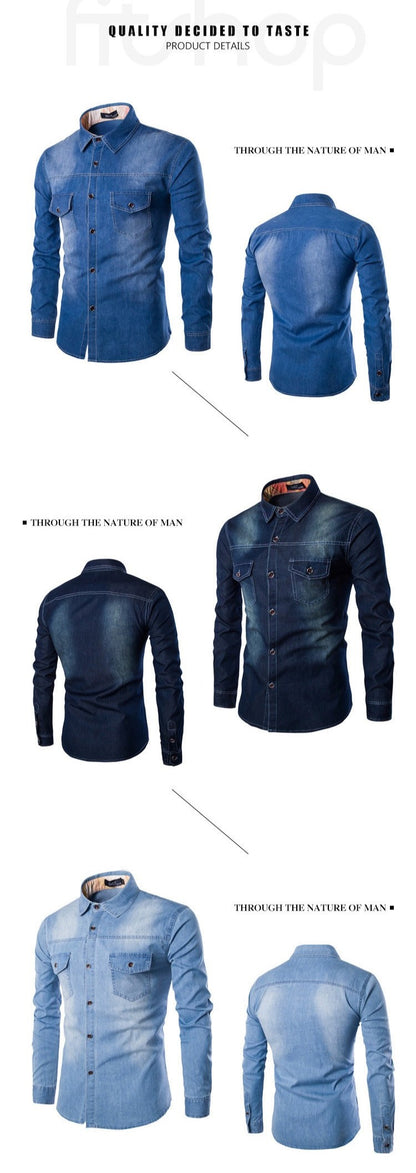 Chemise en jean streetwear de haute qualité en coton, coupe slim décontractée, manches longues | 1818-C993 