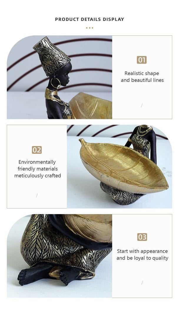 Afrikanischer schwarzer Obstteller, Ornament aus Kunstharz, Heimdekor mit Volkskunstmuster im thailändischen Stil, Schreibtisch-Aufbewahrungsdekoration | RRW040 