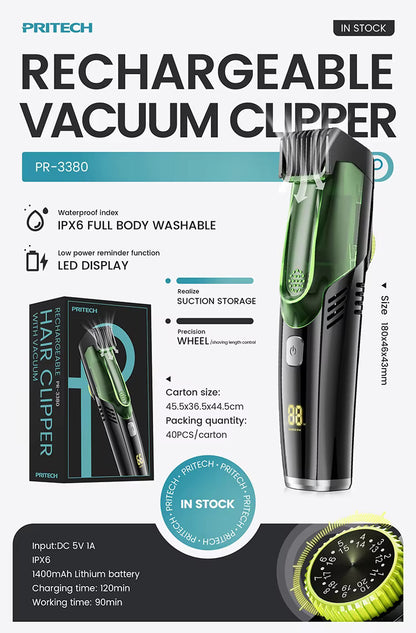 PRITECH IPX6 Waterproof Cordless Vacuum Hair Trimmer Rechargeable & Washable Hair Clipper | PR-3380